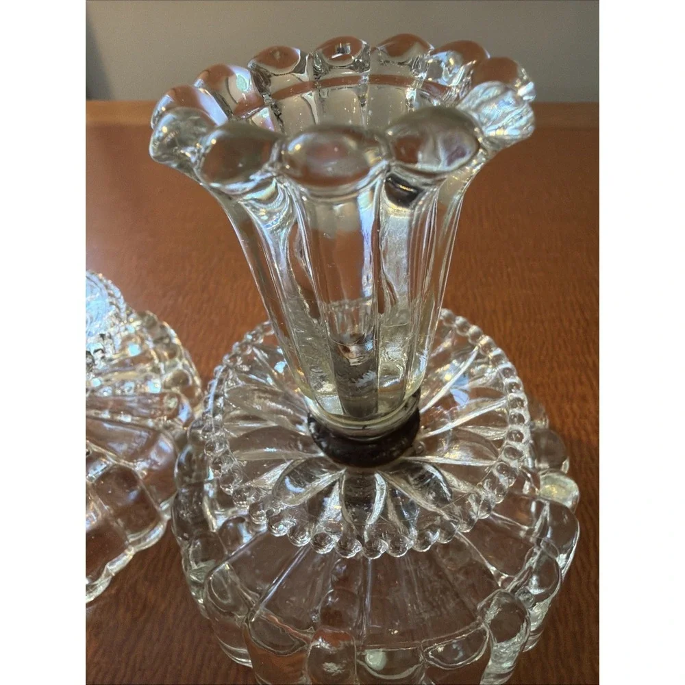Vtg 1950's Art Deco Cut Glass Pair Of Candlestick Holders 4